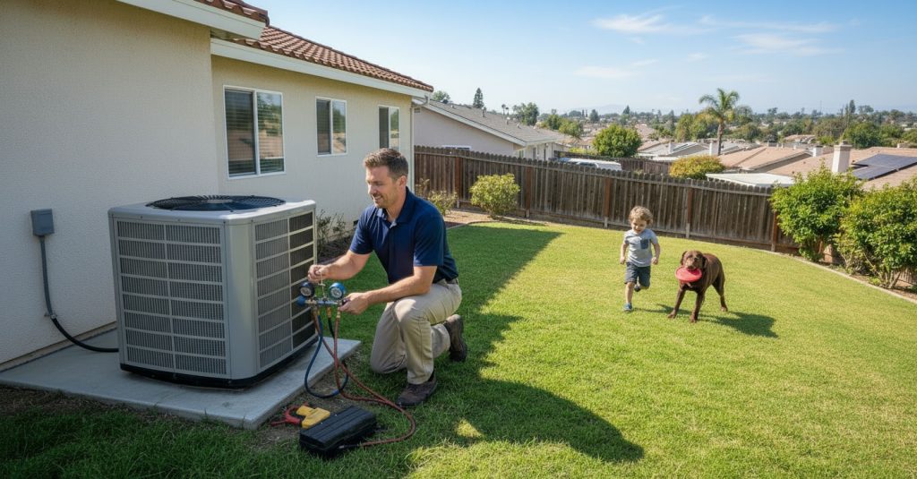 An HVAC tech checking the refrigerant levels.