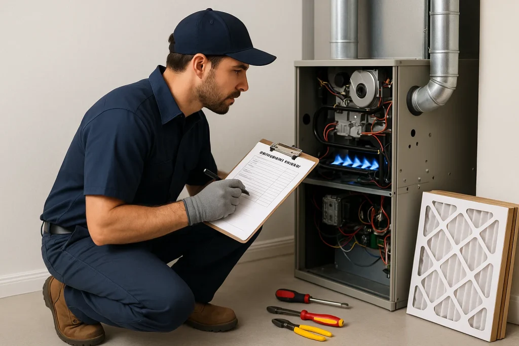 HVAC technician inspecting a gas furnace flame during a professional fall maintenance check.
