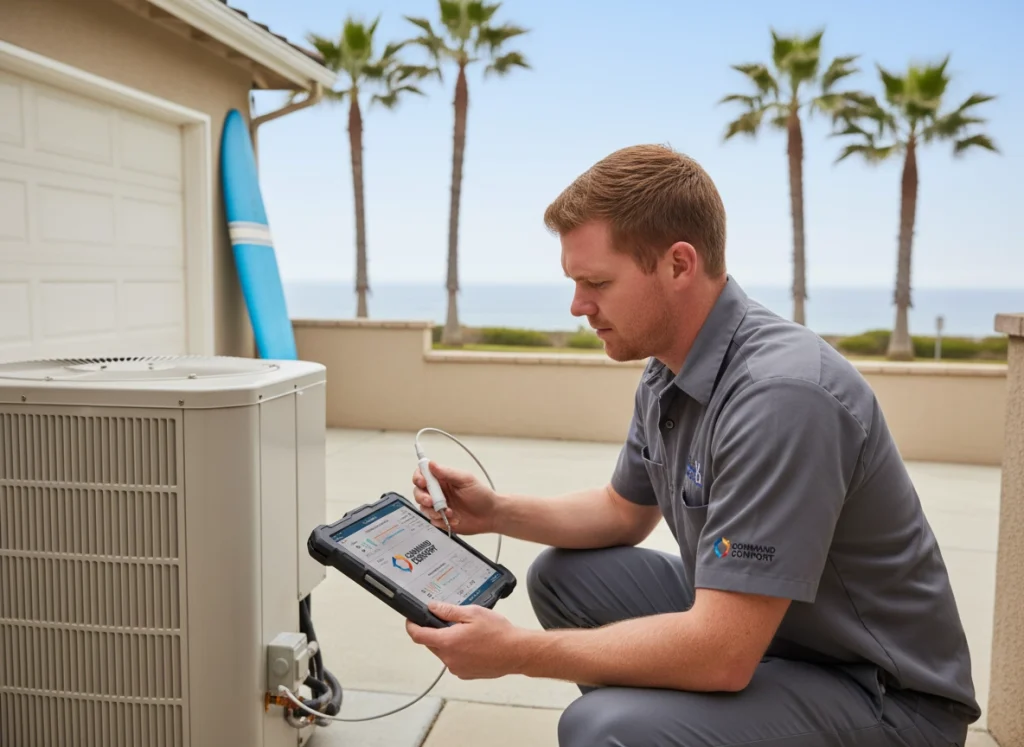 HVAC technician in Huntington Beach using tablet and probes for diagnostic test on condenser unit