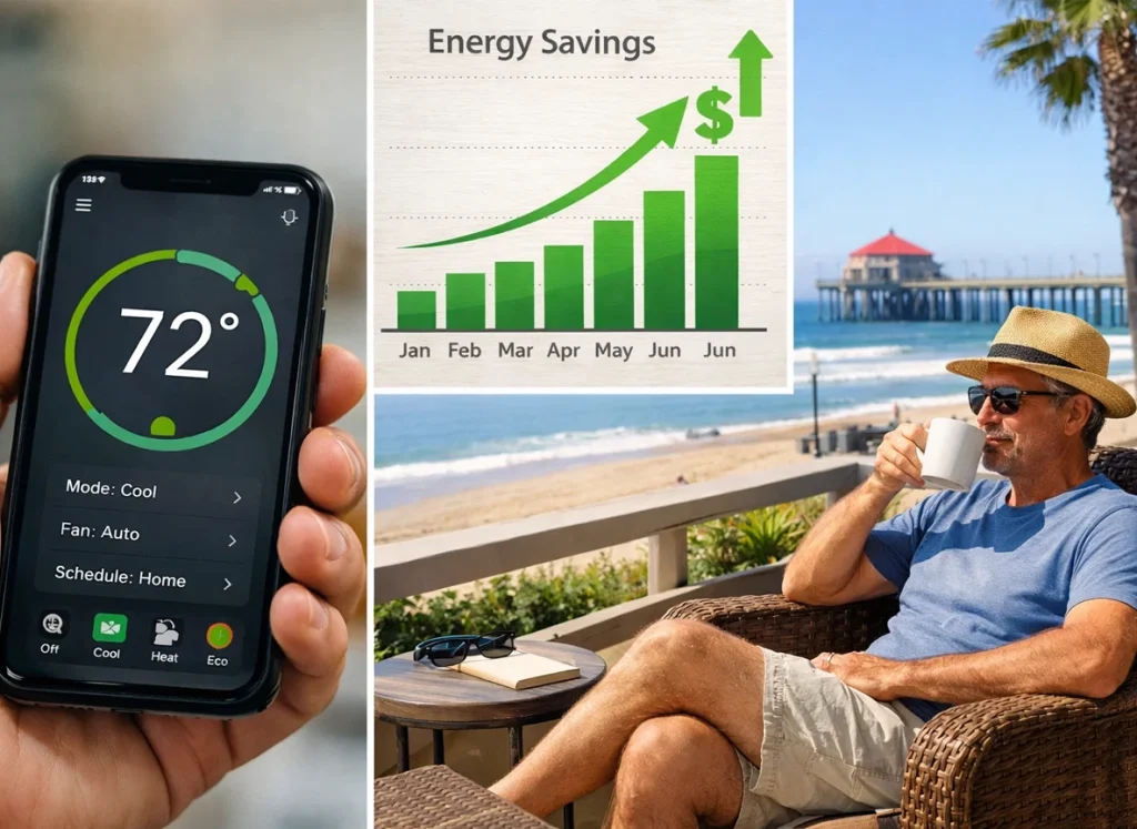 Collage showing smart thermostat app, energy savings graph, and relaxed homeowner outdoors