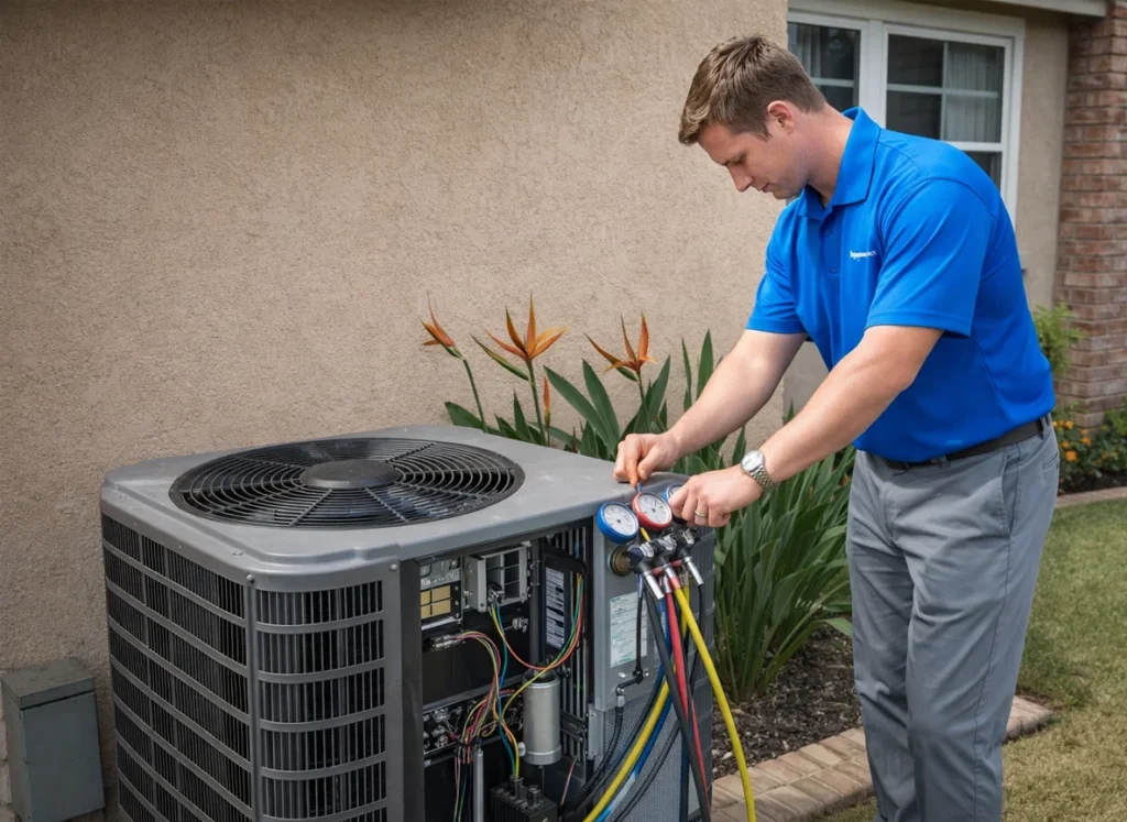 An HVAC technician checking the refrigerant levels of an AC condenser unit