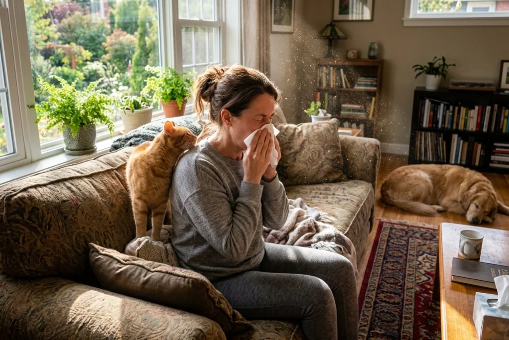 A woman sitting on the couch, blowing her nose and sneezing into a tissue as a cat rubs against her back and a dog sleeps on the floor.