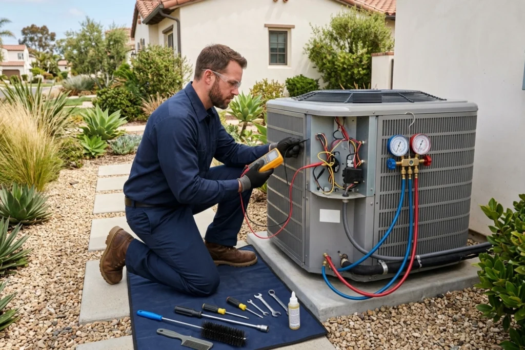 HVAC technician performing early AC maintenance