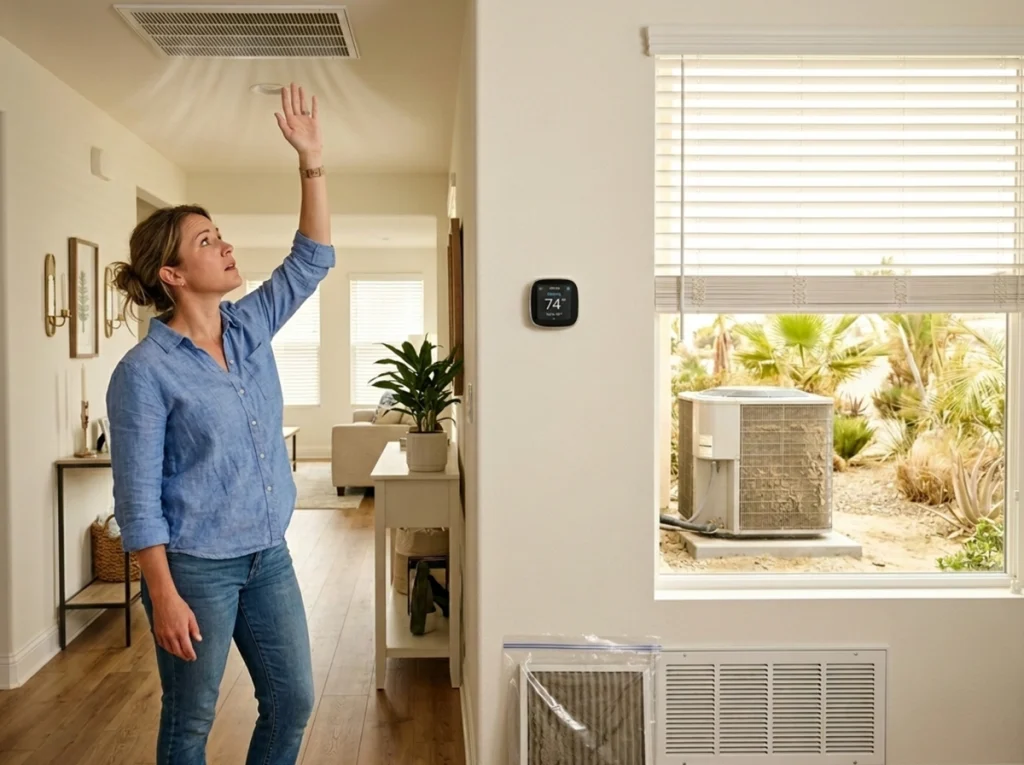 Huntington Beach homeowner spotting early AC breakdown warning signs