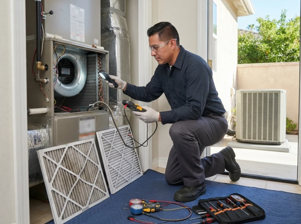 Technician diagnosing air conditioner efficiency and airflow problems