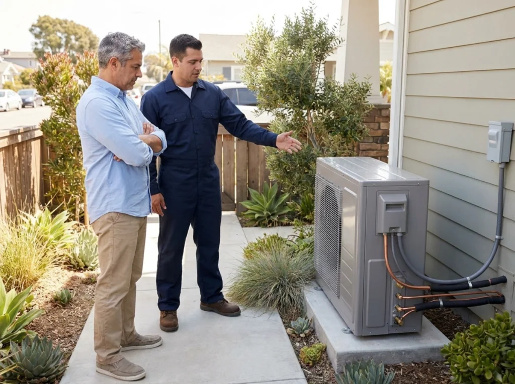 Huntington Beach homeowner discussing heat pump options with HVAC technician